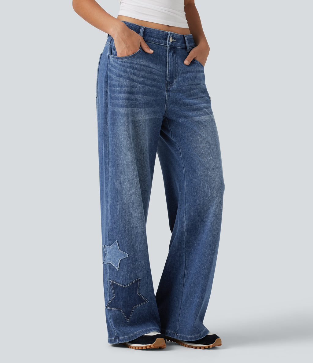 High Waisted Baggy Embroidery Casual Jeans with Pockets — Tide Blue Denim — view 3