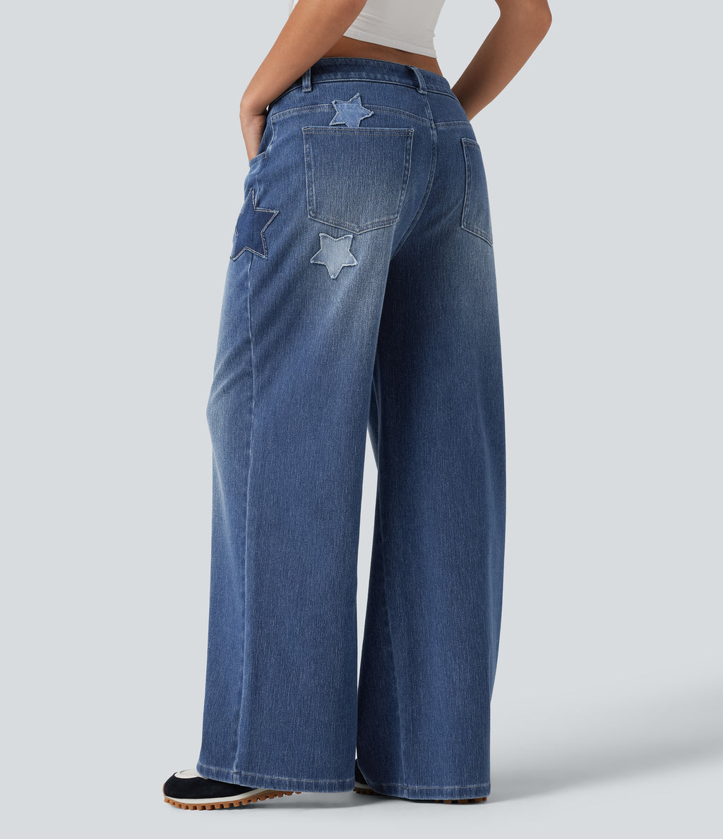 High Waisted Baggy Embroidery Casual Jeans with Pockets — Tide Blue Denim — view 2