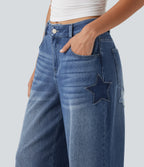 High Waisted Baggy Embroidery Casual Jeans with Pockets — Tide Blue Denim — view 8