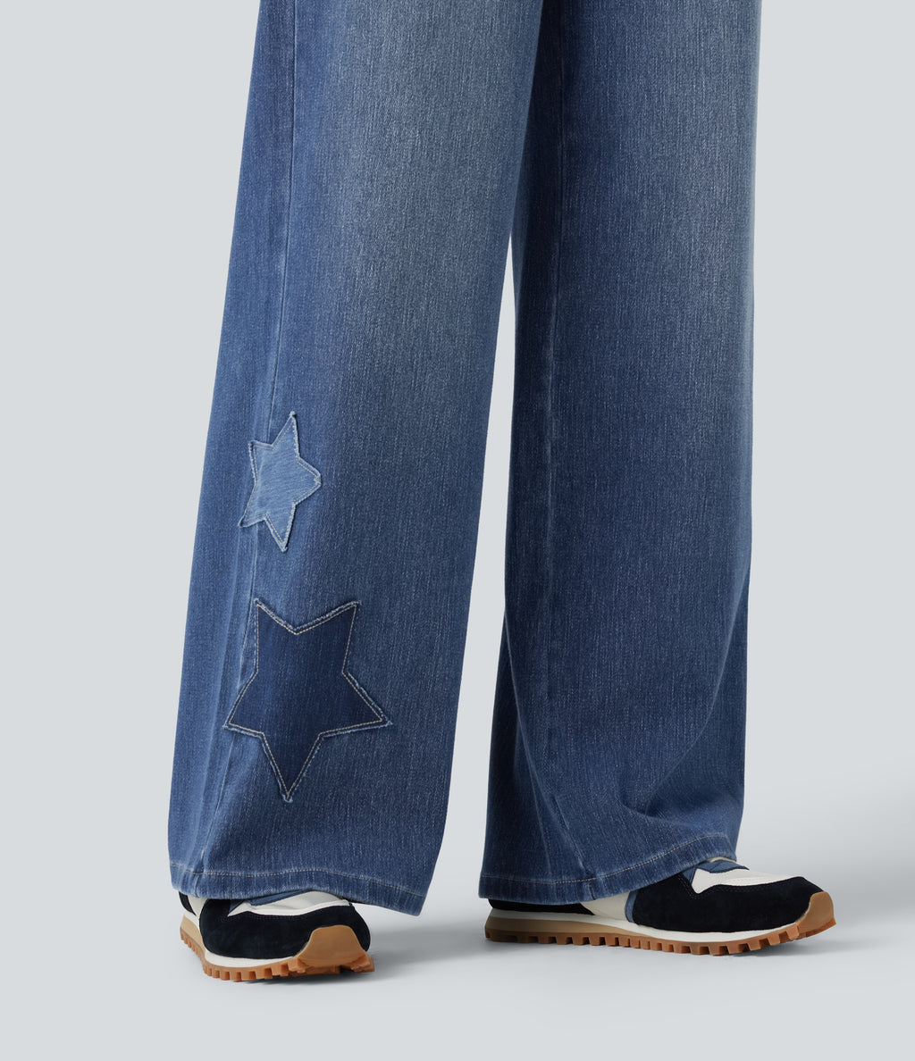 High Waisted Baggy Embroidery Casual Jeans with Pockets — Tide Blue Denim — view 4