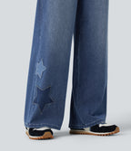 High Waisted Baggy Embroidery Casual Jeans with Pockets — Tide Blue Denim — view 4