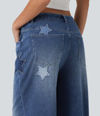High Waisted Baggy Embroidery Casual Jeans with Pockets — Tide Blue Denim — view 6