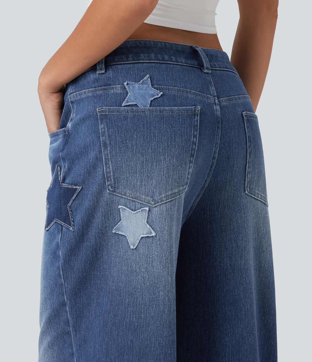 High Waisted Baggy Embroidery Casual Jeans with Pockets — Tide Blue Denim — view 6