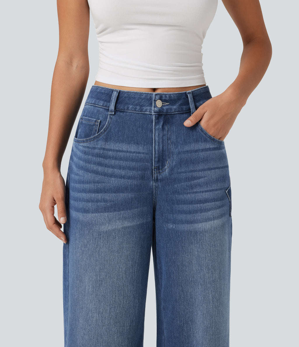 High Waisted Baggy Embroidery Casual Jeans with Pockets — Tide Blue Denim — view 5