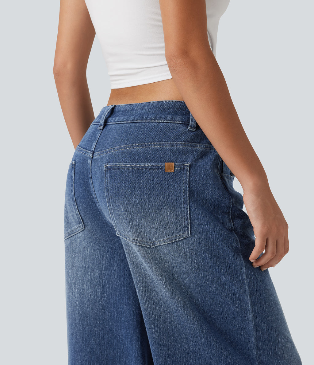 High Waisted Baggy Embroidery Casual Jeans with Pockets — Tide Blue Denim — view 7