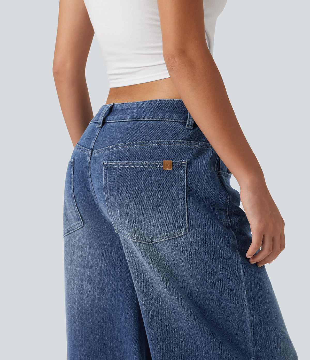 High Waisted Baggy Embroidery Casual Jeans with Pockets — Tide Blue Denim — view 7