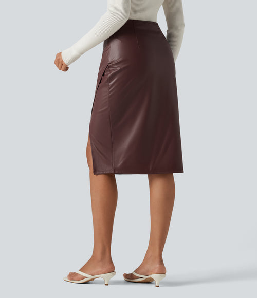 HIgh Waisted Asymmetric Ruched Slit Hem Fleece Midi PU Leather Party Skirt — Red Mahogany — view 2