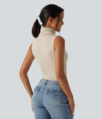 Ribbed Knit High Neck Casual Tank Top — Whipped Taupe — view 2