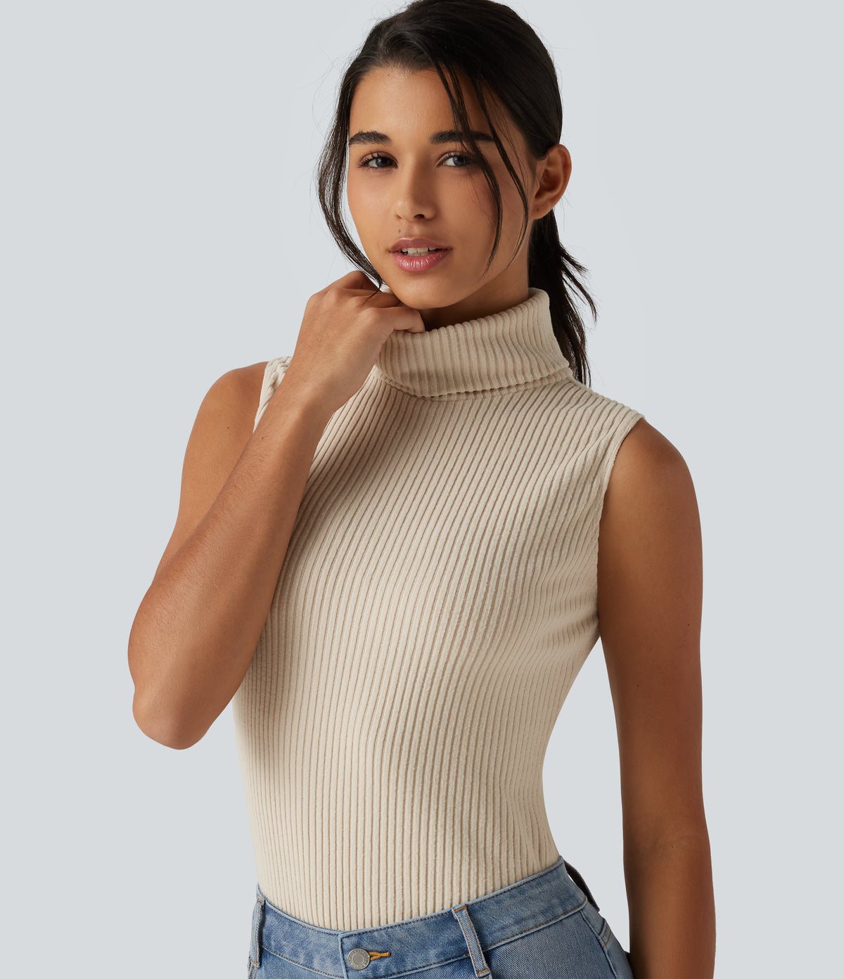 Ribbed Knit High Neck Casual Tank Top — Whipped Taupe — view 1