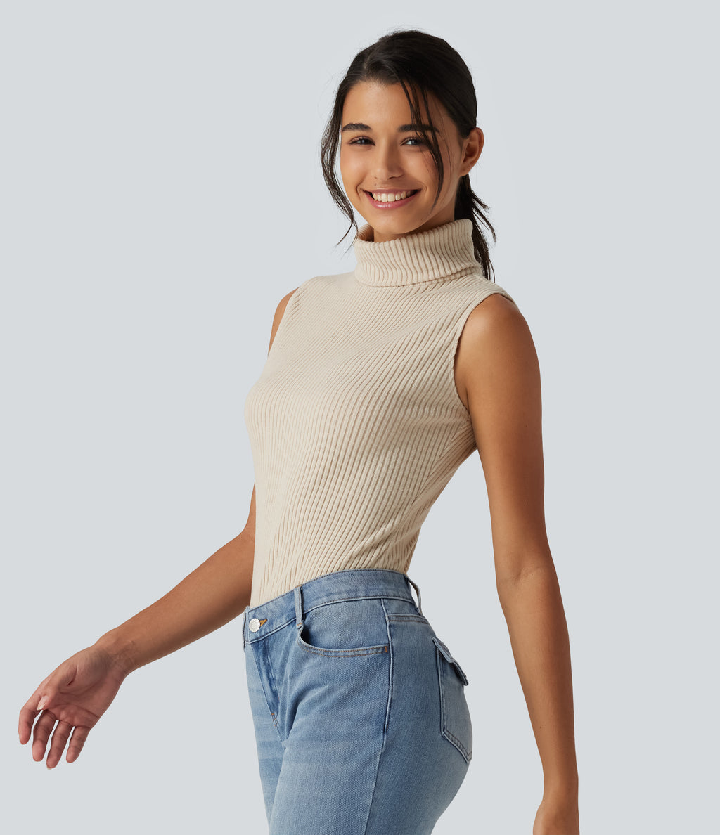 Ribbed Knit High Neck Casual Tank Top — Whipped Taupe — view 4