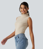Ribbed Knit High Neck Casual Tank Top — Whipped Taupe — view 4