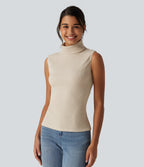 Ribbed Knit High Neck Casual Tank Top — Whipped Taupe — view 5