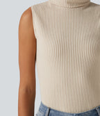 Ribbed Knit High Neck Casual Tank Top — Whipped Taupe — view 6