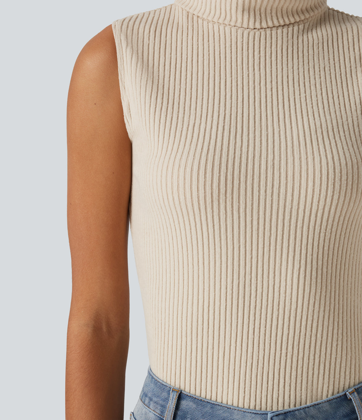 Ribbed Knit High Neck Casual Tank Top — Whipped Taupe — view 6