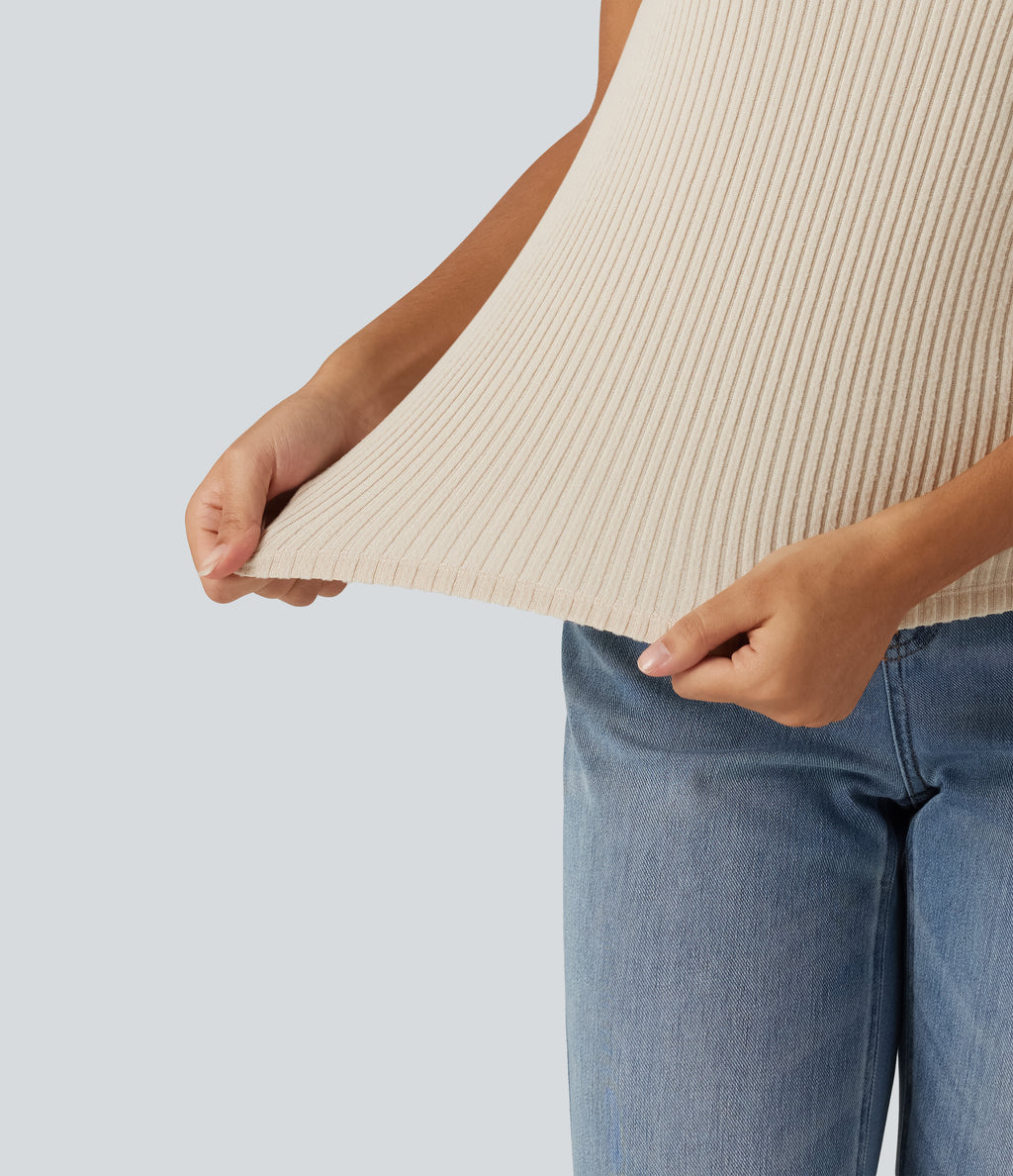 Ribbed Knit High Neck Casual Tank Top — Whipped Taupe — view 7