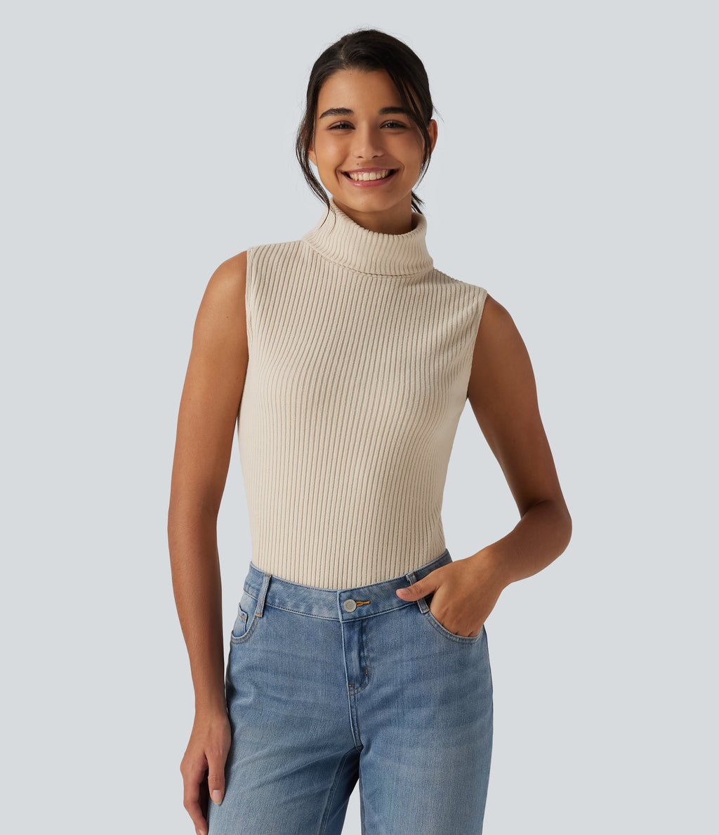 Ribbed Knit High Neck Casual Tank Top — Whipped Taupe — view 3