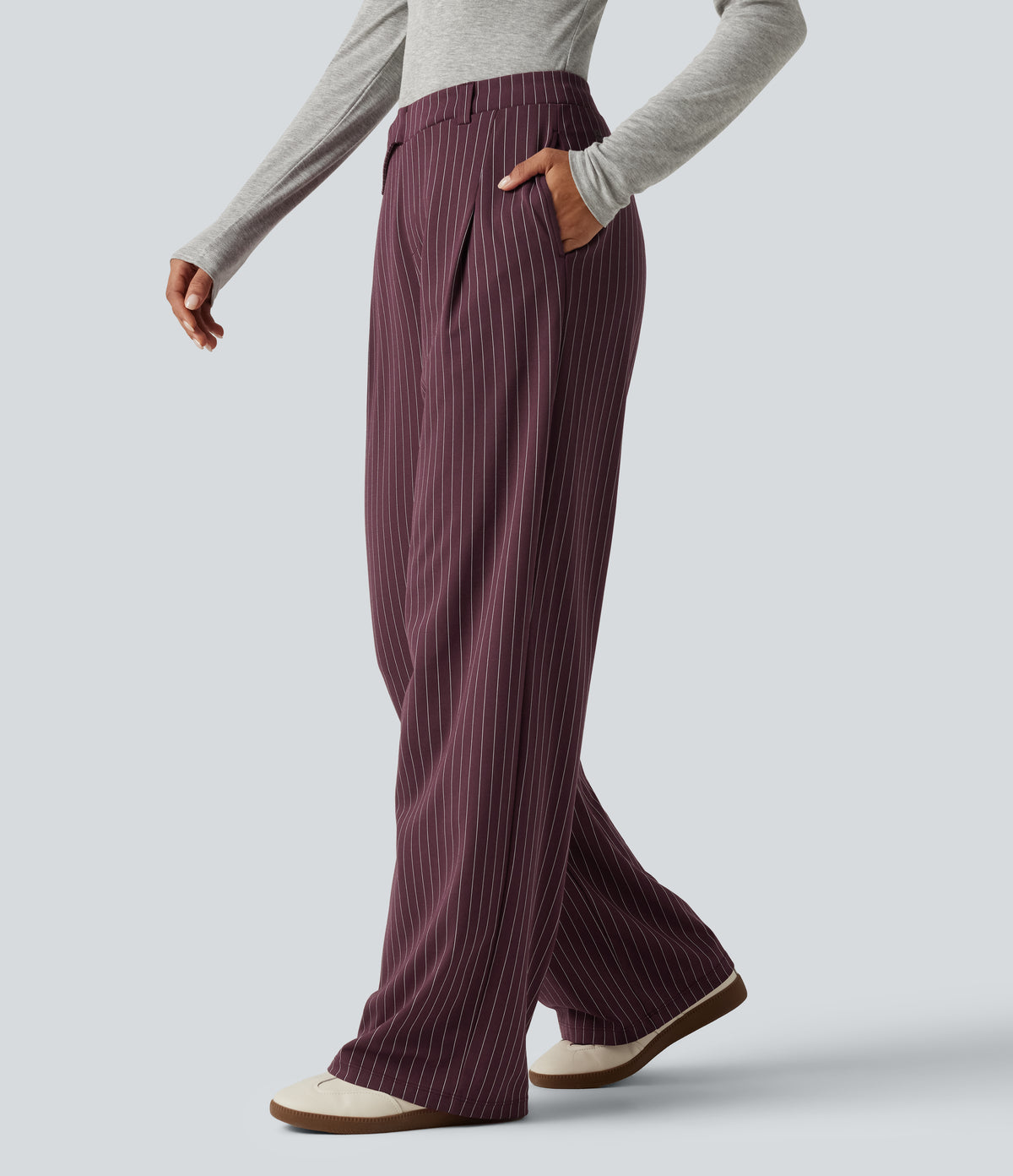 Mid Rise Crossover Straight Leg InstantCool Stripe Work Trousers with Pockets — Plum Stripe — view 1
