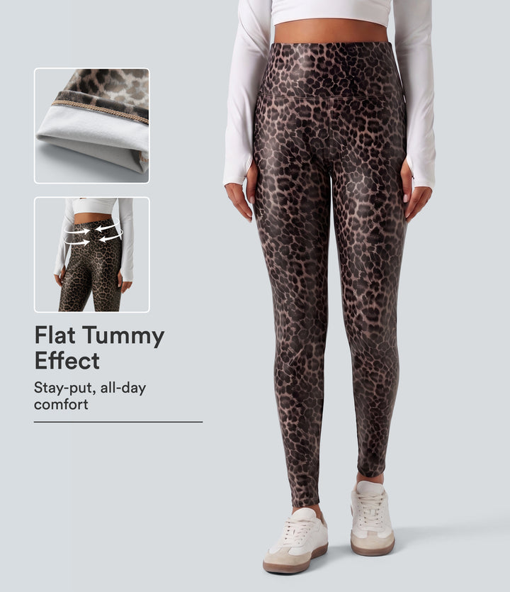 High Waisted Tummy Control Stretchy PU Leopard Print Skinny Casual Leggings with Pockets — Cozy Feline — view 1