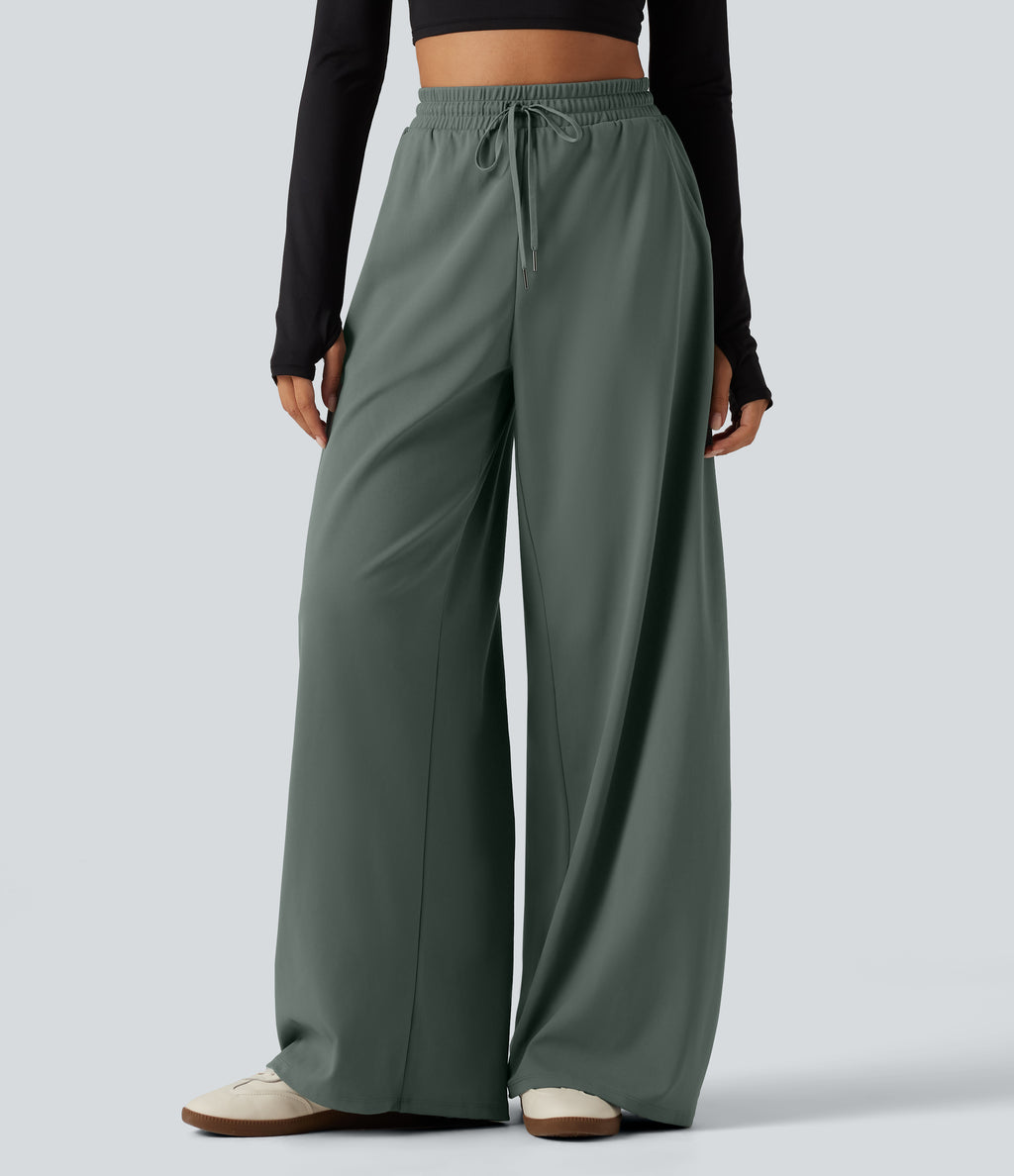 High Waisted Drawstring Barrel Leg Dance Trousers with Pockets — Deep Aquamarine — view 4