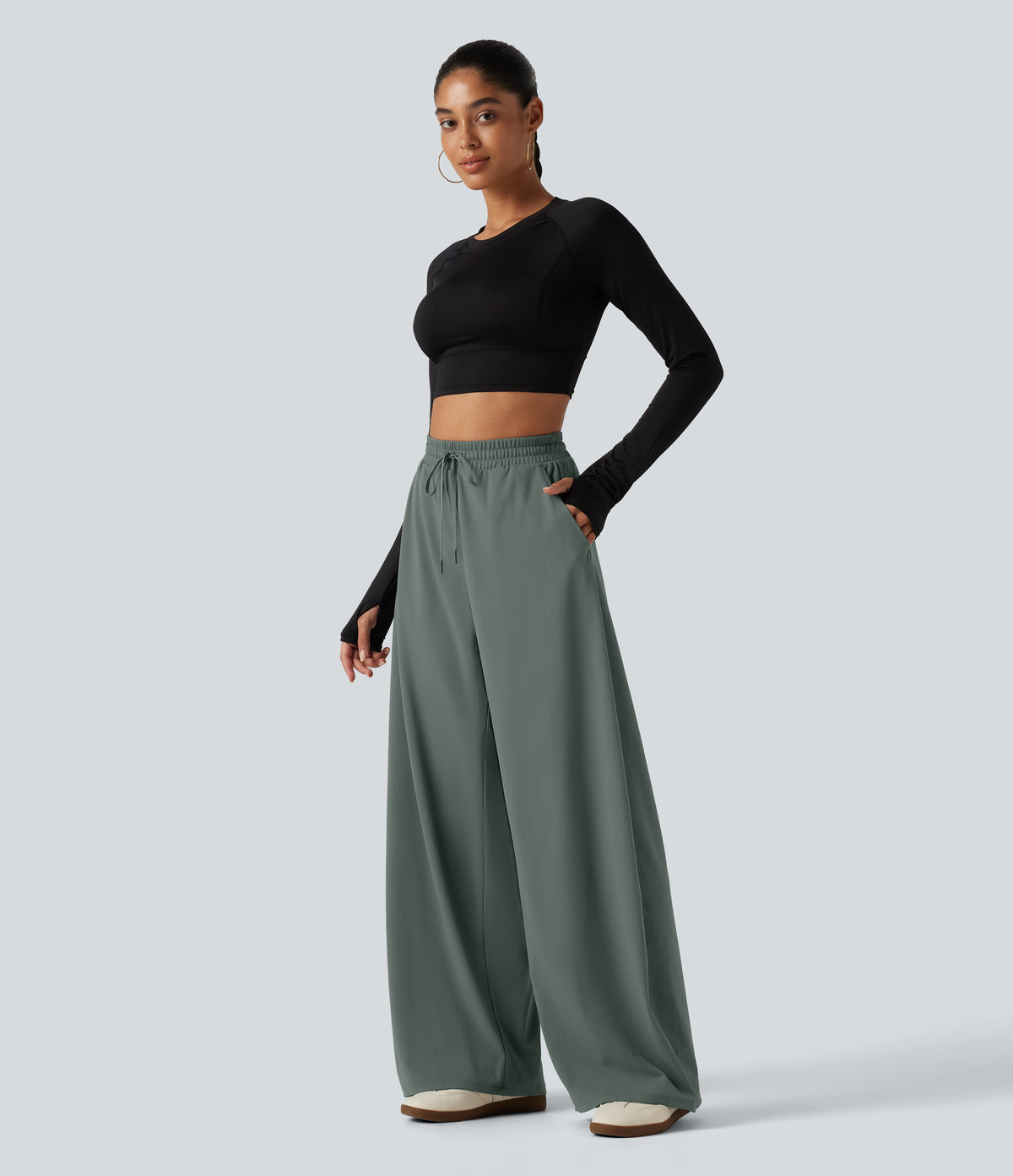 High Waisted Drawstring Barrel Leg Dance Trousers with Pockets — Deep Aquamarine — view 7