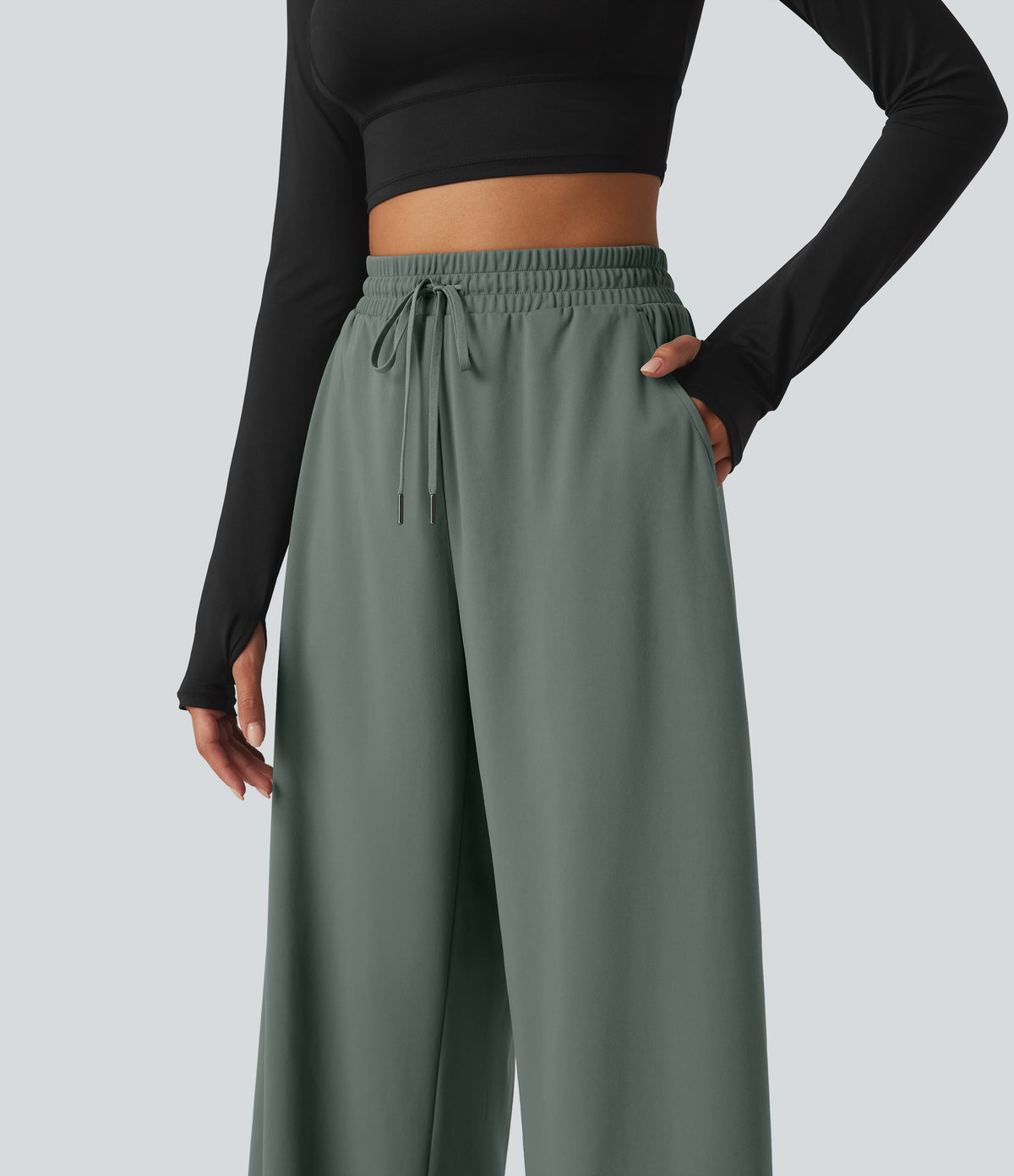 High Waisted Drawstring Barrel Leg Dance Trousers with Pockets — Deep Aquamarine — view 5