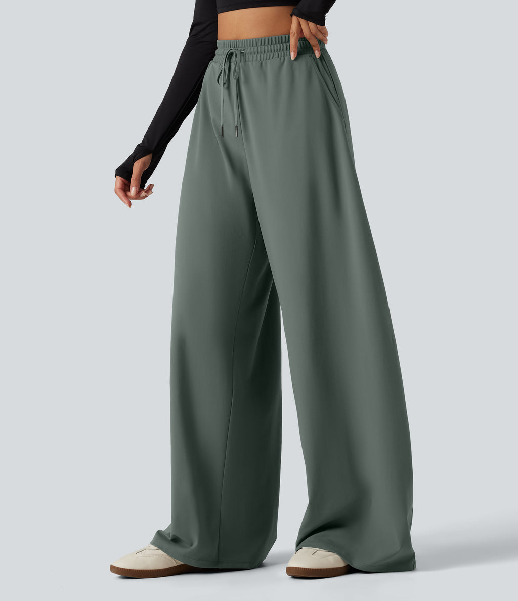 High Waisted Drawstring Barrel Leg Dance Trousers with Pockets — Deep Aquamarine — view 3