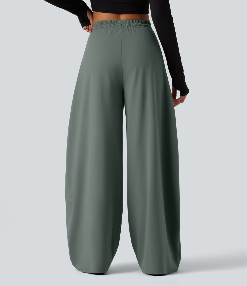 High Waisted Drawstring Barrel Leg Dance Trousers with Pockets — Deep Aquamarine — view 2