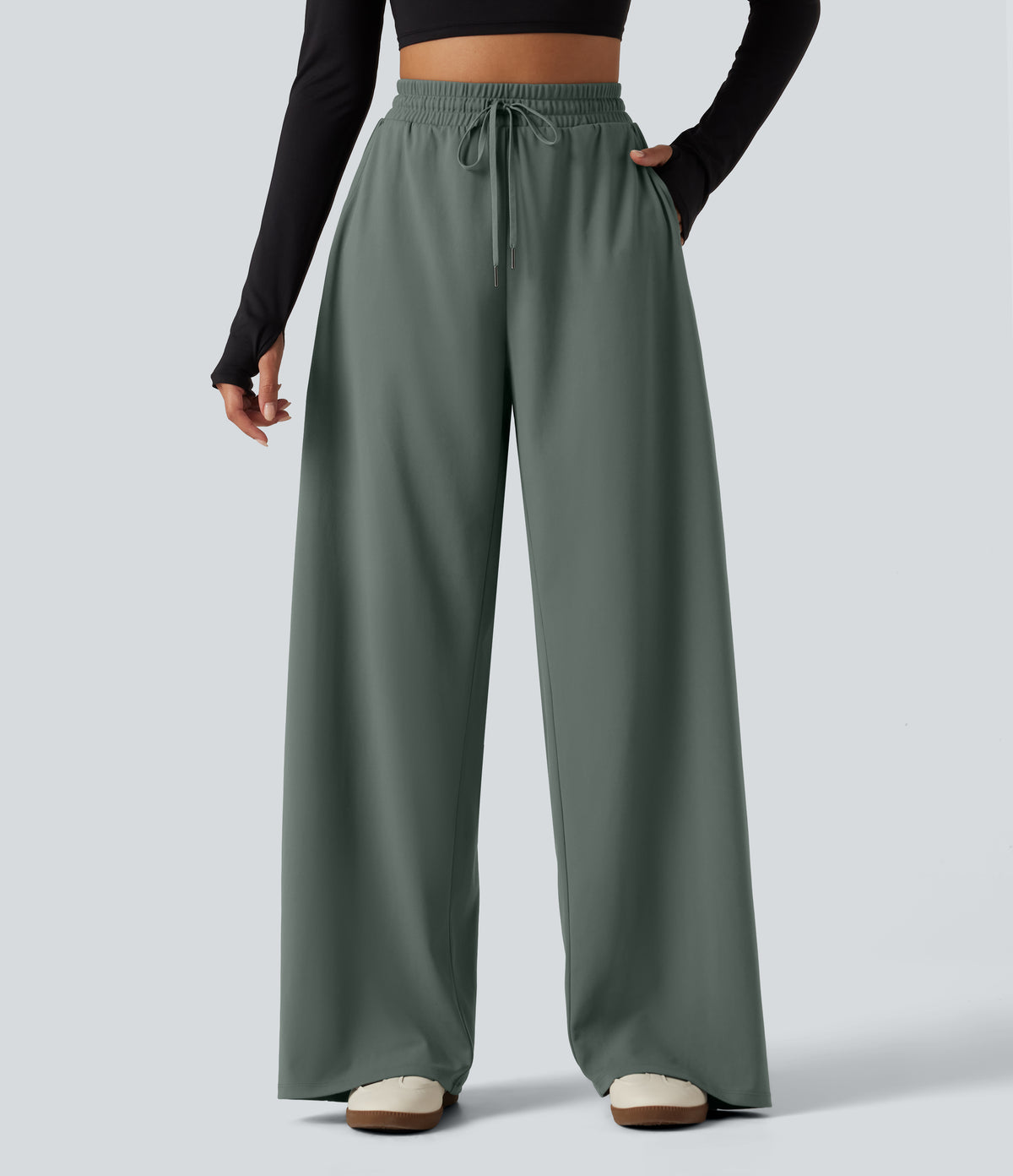High Waisted Drawstring Barrel Leg Dance Trousers with Pockets — Deep Aquamarine — view 1