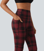 Plaid Print High Waisted Tummy Control Running Leggings with Pockets — Apple Houndstooth Plaid — view 5