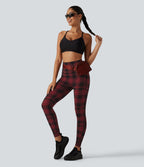 Plaid Print High Waisted Tummy Control Running Leggings with Pockets — Apple Houndstooth Plaid — view 8
