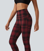 Plaid Print High Waisted Tummy Control Running Leggings with Pockets — Apple Houndstooth Plaid — view 3