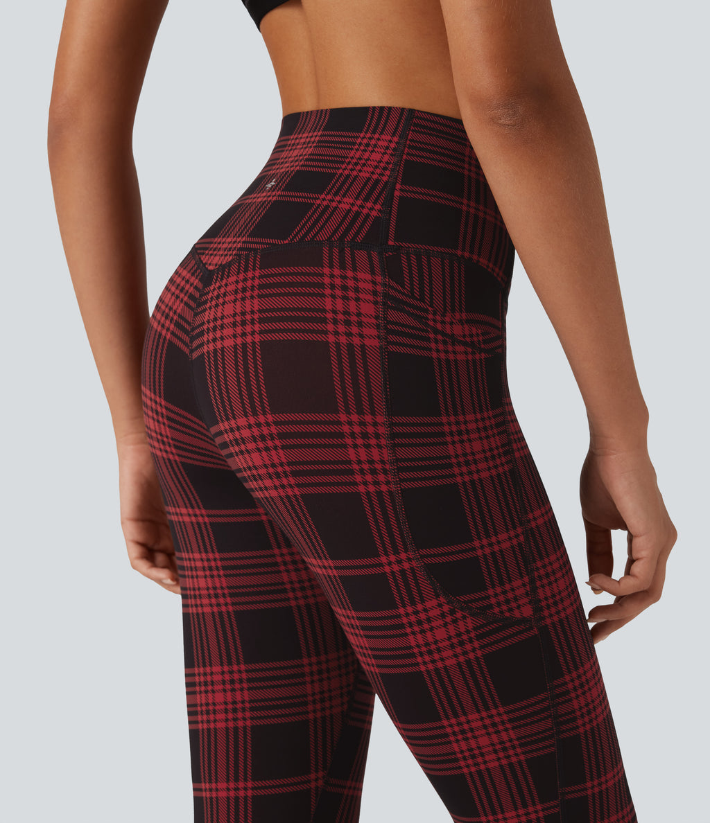 Plaid Print High Waisted Tummy Control Running Leggings with Pockets — Apple Houndstooth Plaid — view 4
