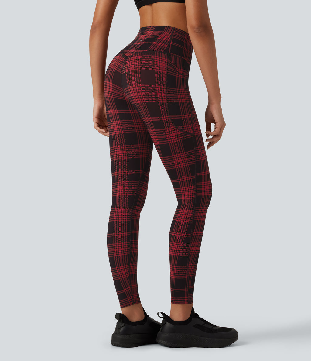 Plaid Print High Waisted Tummy Control Running Leggings with Pockets — Apple Houndstooth Plaid — view 1