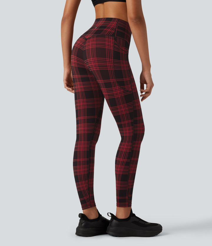 Plaid Print High Waisted Tummy Control Running Leggings with Pockets — Apple Houndstooth Plaid — view 1