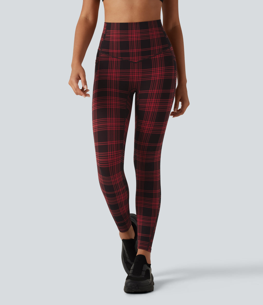 Plaid Print High Waisted Tummy Control Running Leggings with Pockets — Apple Houndstooth Plaid — view 2