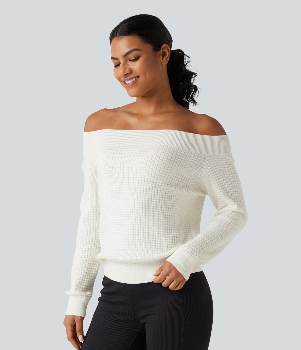 Off Shoulder Long Sleeve Casual Wool-Blend Jumper — White — view 5