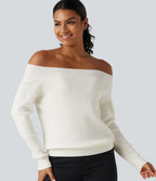 Off Shoulder Long Sleeve Casual Wool-Blend Jumper — White — view 4