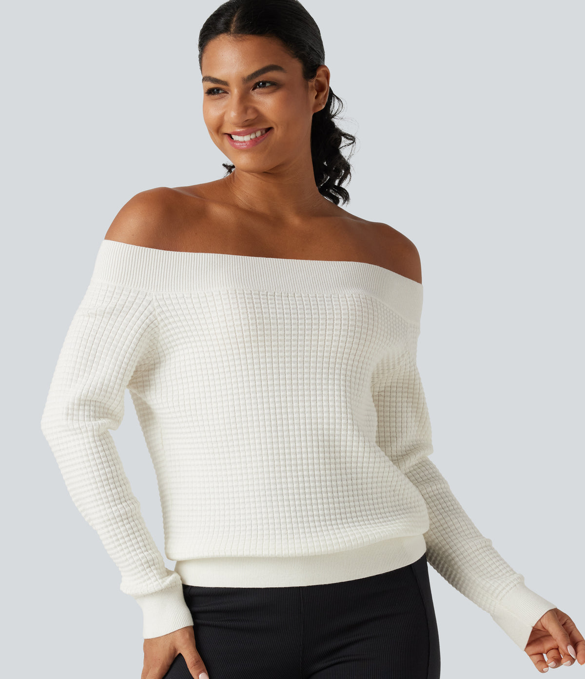 Off Shoulder Long Sleeve Casual Wool-Blend Jumper — White — view 4