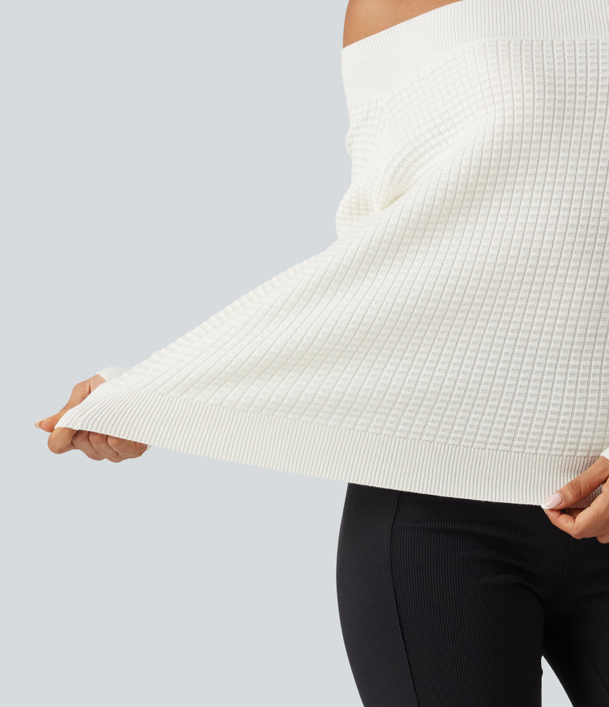 Off Shoulder Long Sleeve Casual Wool-Blend Jumper — White — view 6