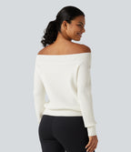 Off Shoulder Long Sleeve Casual Wool-Blend Jumper — White — view 2