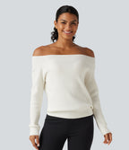 Off Shoulder Long Sleeve Casual Wool-Blend Jumper — White — view 1