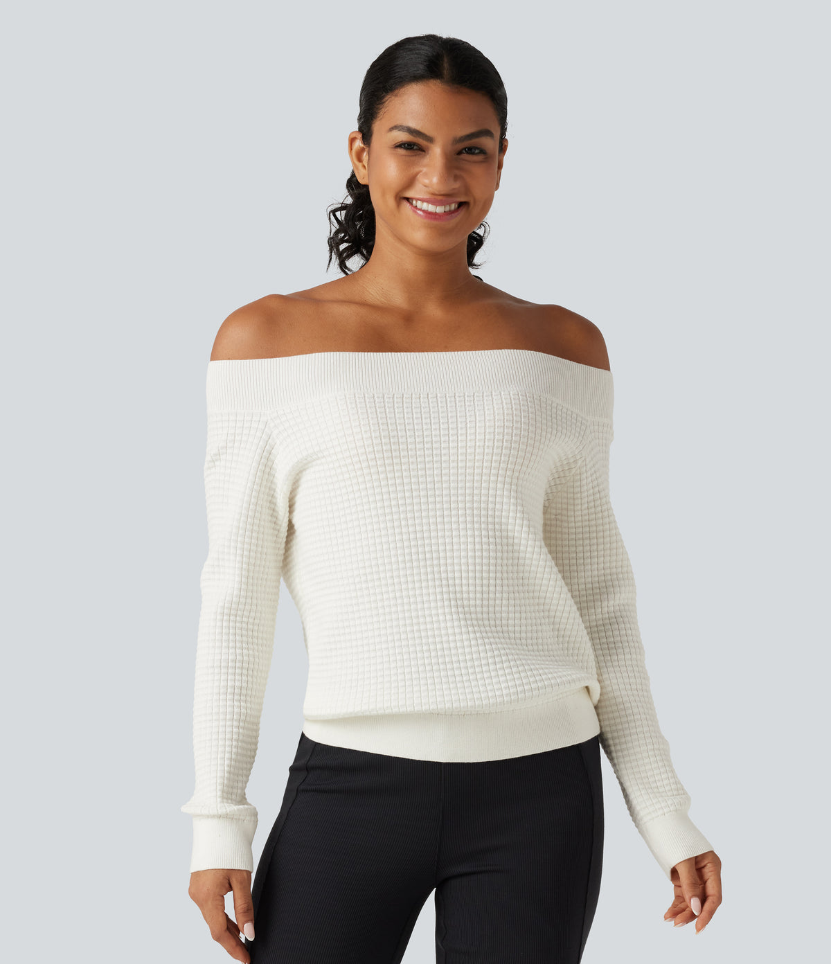 Off Shoulder Long Sleeve Casual Wool-Blend Jumper — White — view 1