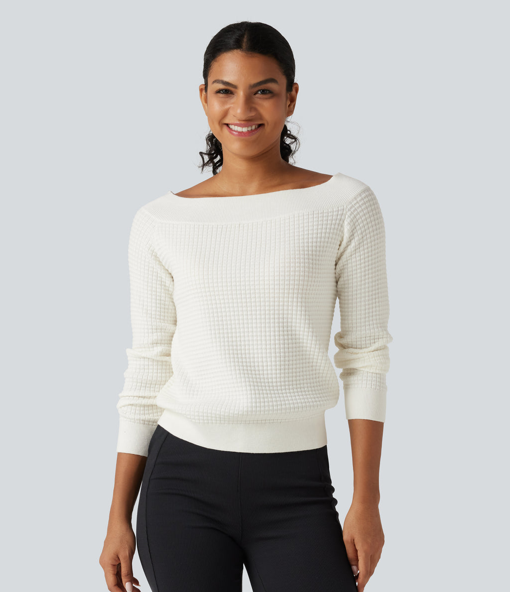 Off Shoulder Long Sleeve Casual Wool-Blend Jumper — White — view 3