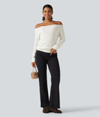 Off Shoulder Long Sleeve Casual Wool-Blend Jumper — White — view 7