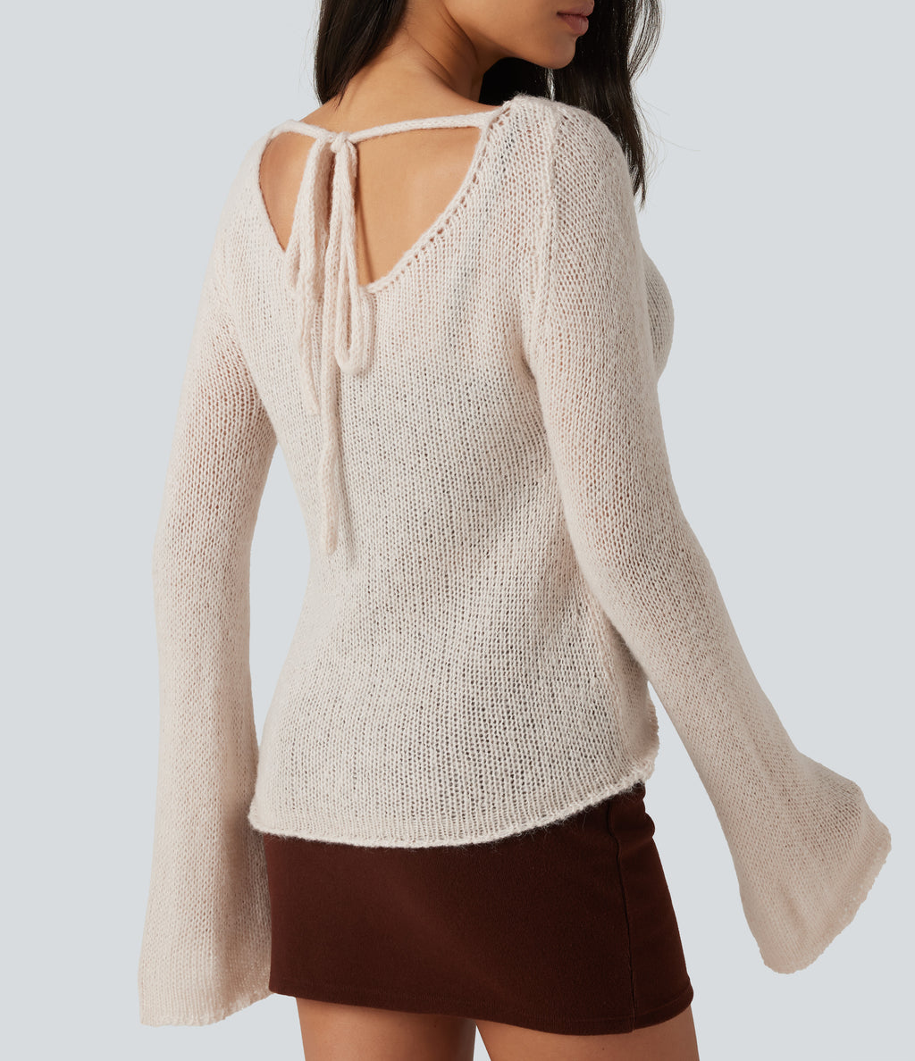 Boat Neck Flounce Long Sleeve Tie Back Casual Wool-Blend Jumper — Silver Gray — view 5