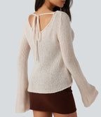 Boat Neck Flounce Long Sleeve Tie Back Casual Wool-Blend Jumper — Silver Gray — view 5