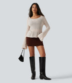 Boat Neck Flounce Long Sleeve Tie Back Casual Wool-Blend Jumper — Silver Gray — view 7