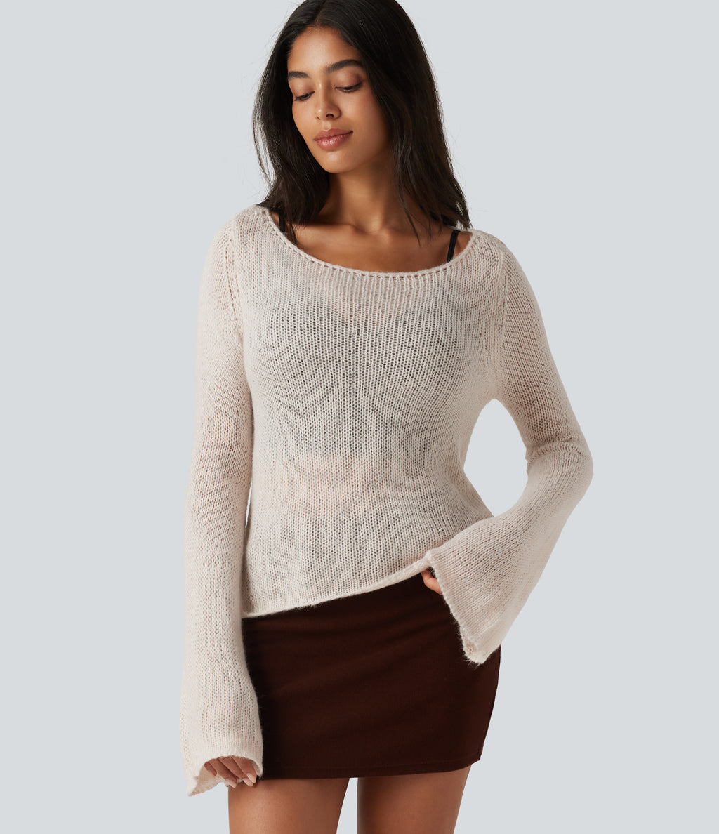 Boat Neck Flounce Long Sleeve Tie Back Casual Wool-Blend Jumper — Silver Gray — view 4