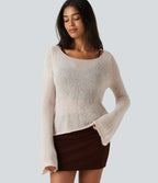 Boat Neck Flounce Long Sleeve Tie Back Casual Wool-Blend Jumper — Silver Gray — view 4