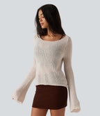 Boat Neck Flounce Long Sleeve Tie Back Casual Wool-Blend Jumper — Silver Gray — view 3